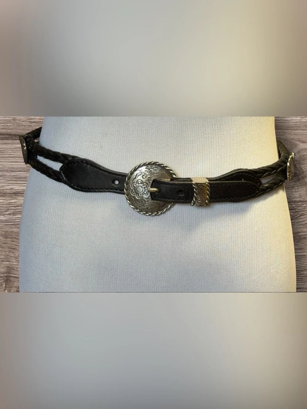 Vintage Brighton Black Leather Belt with Silver Heart accents SZ 30